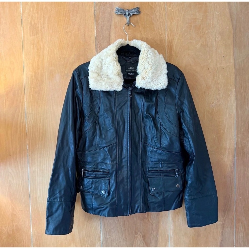 Black Genuine Lambskin Leather Jacket Faux Fur Collar XL